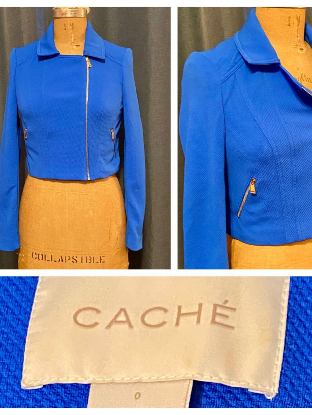 Vintage 90s Cache Moto Crop Zipper Short Jacket Stretch Electric Blue Y2K 0